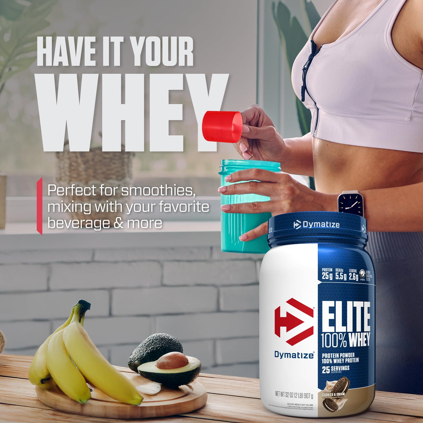 Dymatize Elite 100% Whey Protein Powder, Cookies & Cream, 25g of Protein, 5.5g BCAAs, Less Than 140 Cal., Gluten Free, 3g Carb, 2g Sugar, 3g Fat (25 Servings)