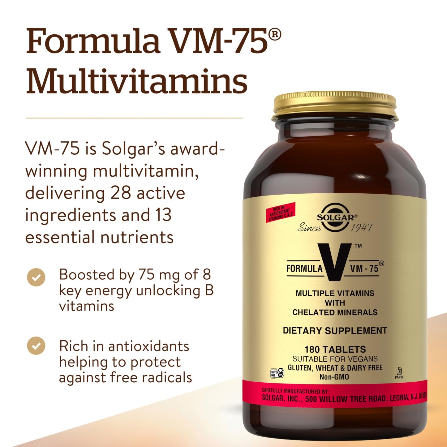 Solgar Formula VM-75, 180 Tablets - Vitamin A, B6, B12, C, D, E, Vegan