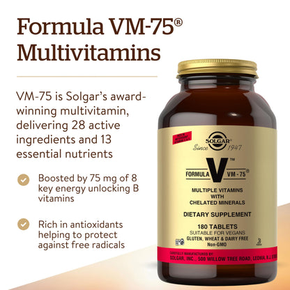 Solgar Formula VM-75, 180 Tablets - Vitamin A, B6, B12, C, D, E, Vegan