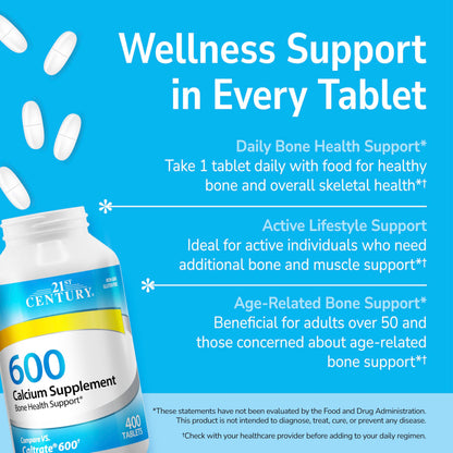 21st Century Calcium 600mg Tablets, Bone Strength Support, 400 Count