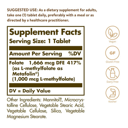 Solgar Folate 1000 mcg, 120 Tablets - 1000 mcg Bio-Active Metafolin
