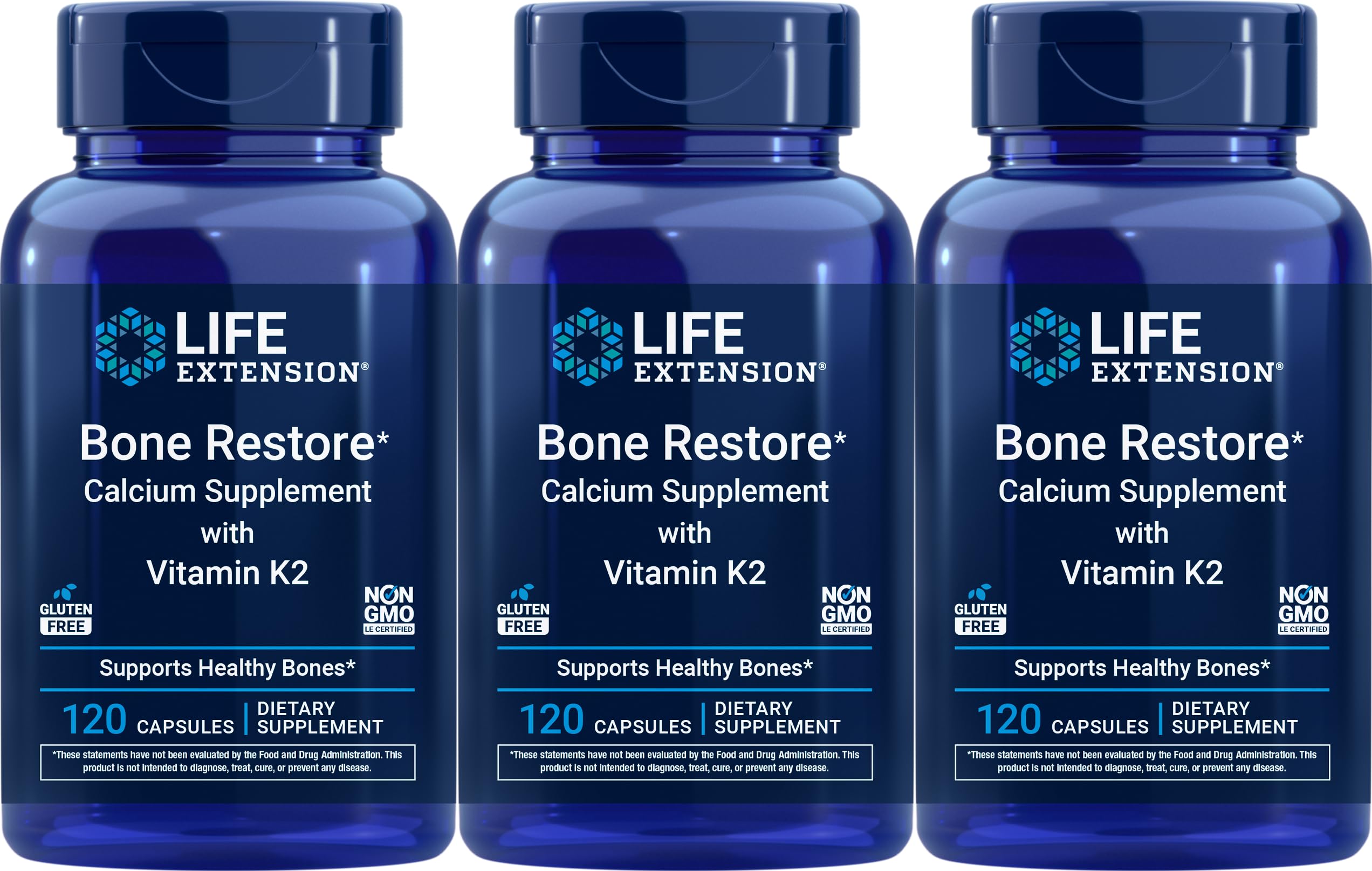 Life Extension Bone Restore Calcium Supplement with Vitamin K2, 120 Capsules (Pack of 3)