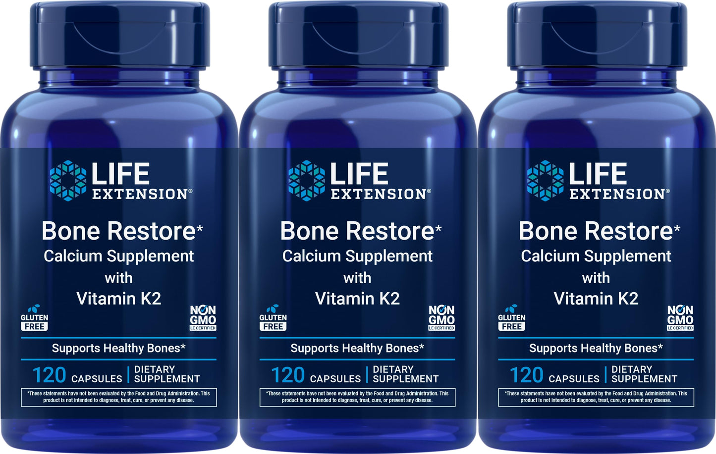 Life Extension Bone Restore Calcium Supplement with Vitamin K2, 120 Capsules (Pack of 3)