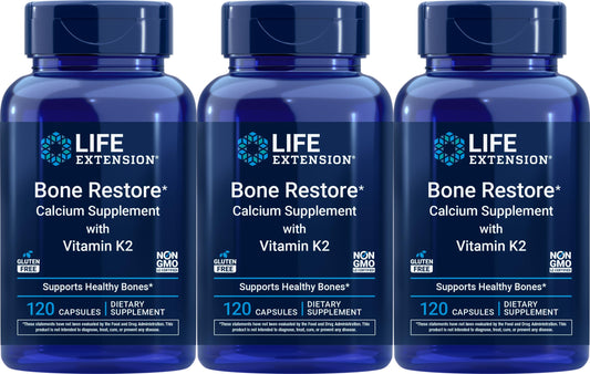 Life Extension Bone Restore Calcium Supplement with Vitamin K2, 120 Capsules (Pack of 3)