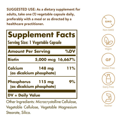 Solgar Biotin 5000 mcg, 100 Veg Caps - Promote Healthy Skin, Nails & Hair