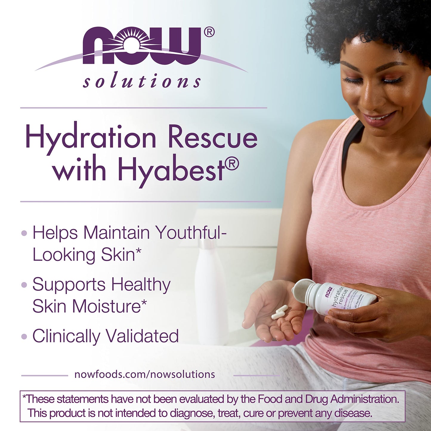 NOW Foods Solutions, Hydration Rescue with Hyabest® hyaluronic acid, Helps Maintain Youthful Looking Skin*, Supports Healthy Skin Moisture*, 60 Veg Capsules