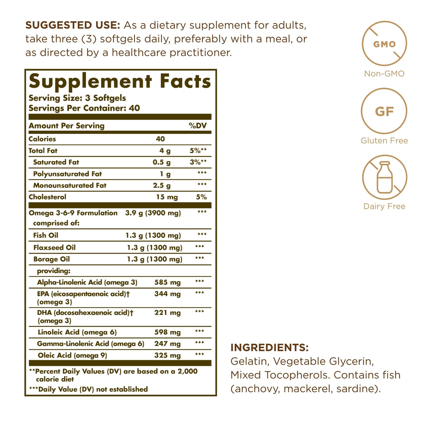 Solgar 1300 mg Omega 3-6-9, 120 Softgels (Pack of 3) - Fish Oil Supplement - Support for Joint & Skin Health - Includes Flaxseed & Borage - Contains EPA & DHA Omega 3 Fatty Acids - 120 Total Servings