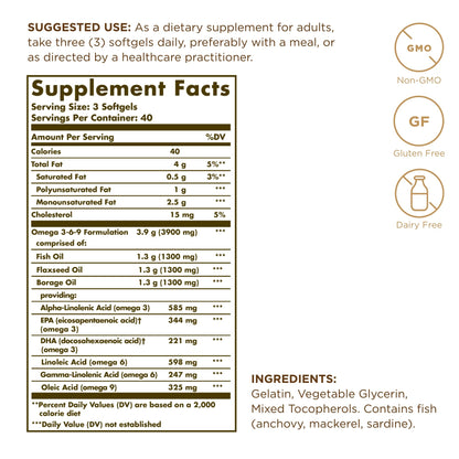 Solgar 1300 mg Omega 3-6-9, 120 Softgels (Pack of 3) - Fish Oil Supplement - Support for Joint & Skin Health - Includes Flaxseed & Borage - Contains EPA & DHA Omega 3 Fatty Acids - 120 Total Servings
