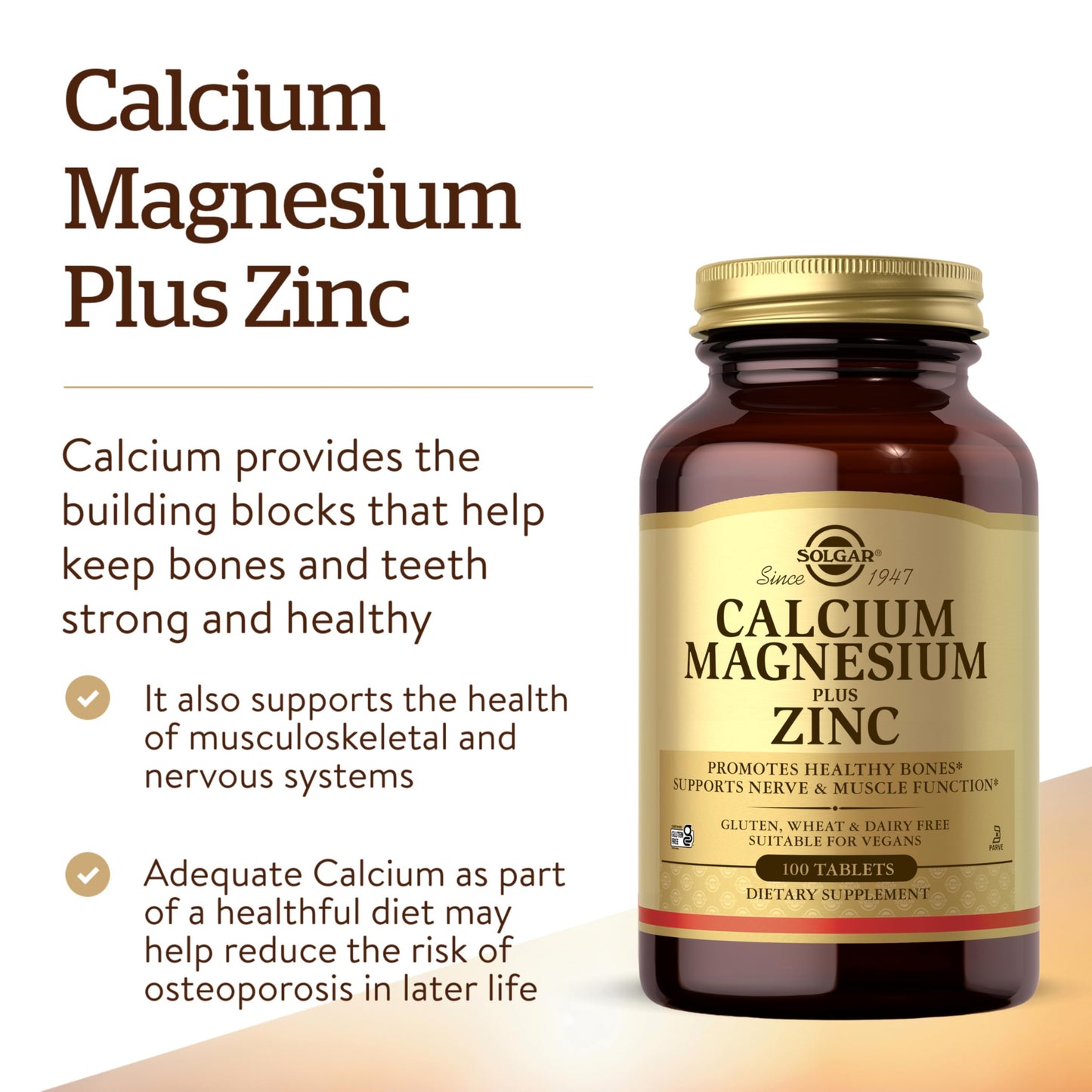 Solgar Calcium Magnesium Plus Zinc, 100 Tablets - 33 Servings - Gluten Free