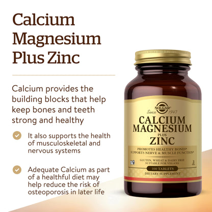 Solgar Calcium Magnesium Plus Zinc, 100 Tablets - 33 Servings - Gluten Free