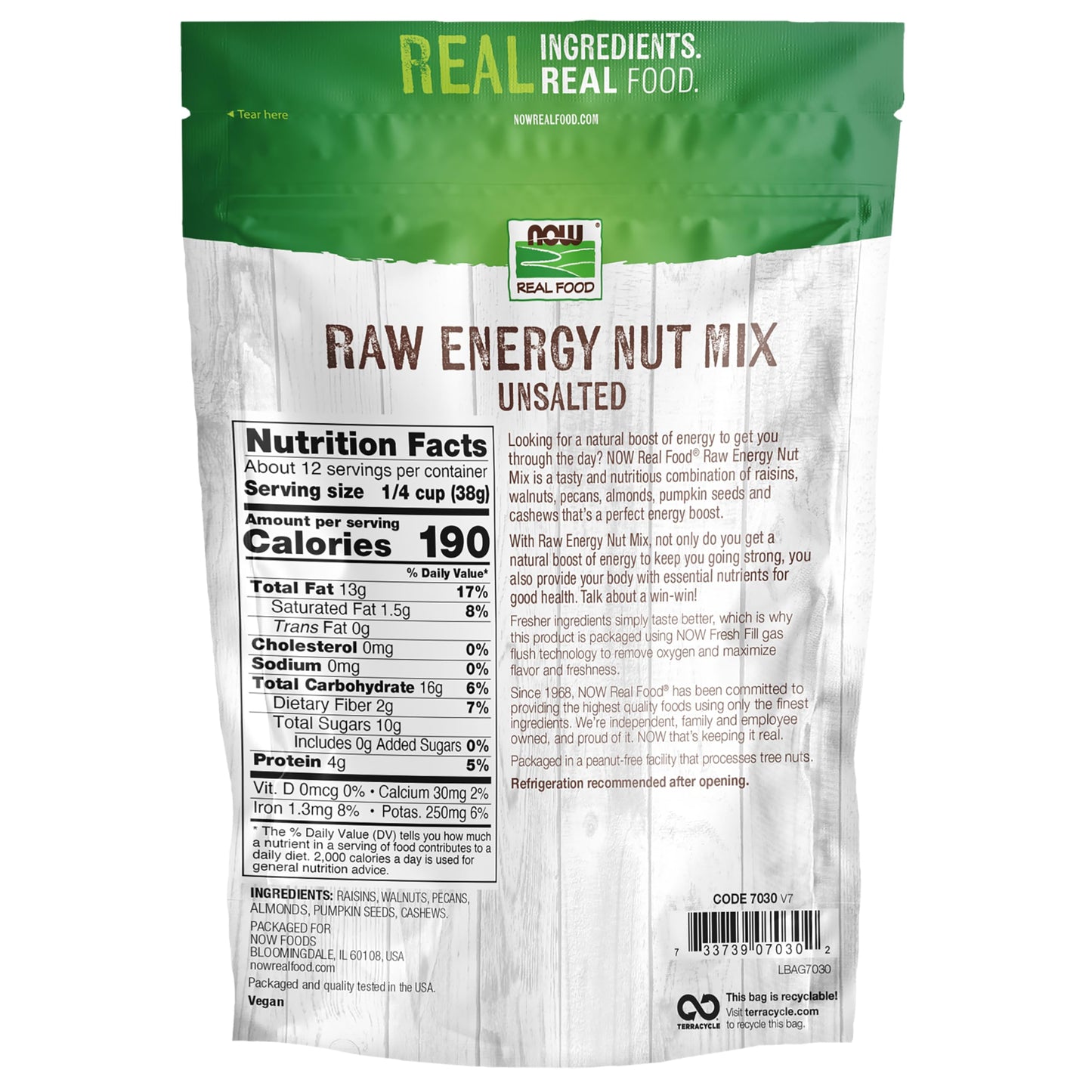 NOW Foods, Raw Energy Nut Mix, Unsalted Mix of Raisins, Walnuts, Peacans, Almonds, Pumpkin Seeds and Cashews, Great-Tasting, Source of Iron, 16-Ounce (Packaging May Vary)