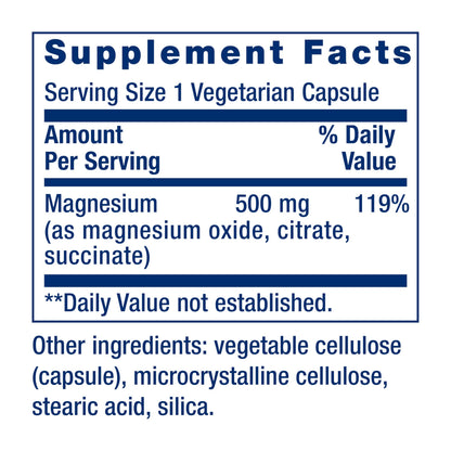 Life Extension Magnesium Caps, 500 mg, Magnesium Oxide, Citrate, and Succinate, Heart Health, Healthy Bones, Metabolism Support, 100 Vegetarian Capsules