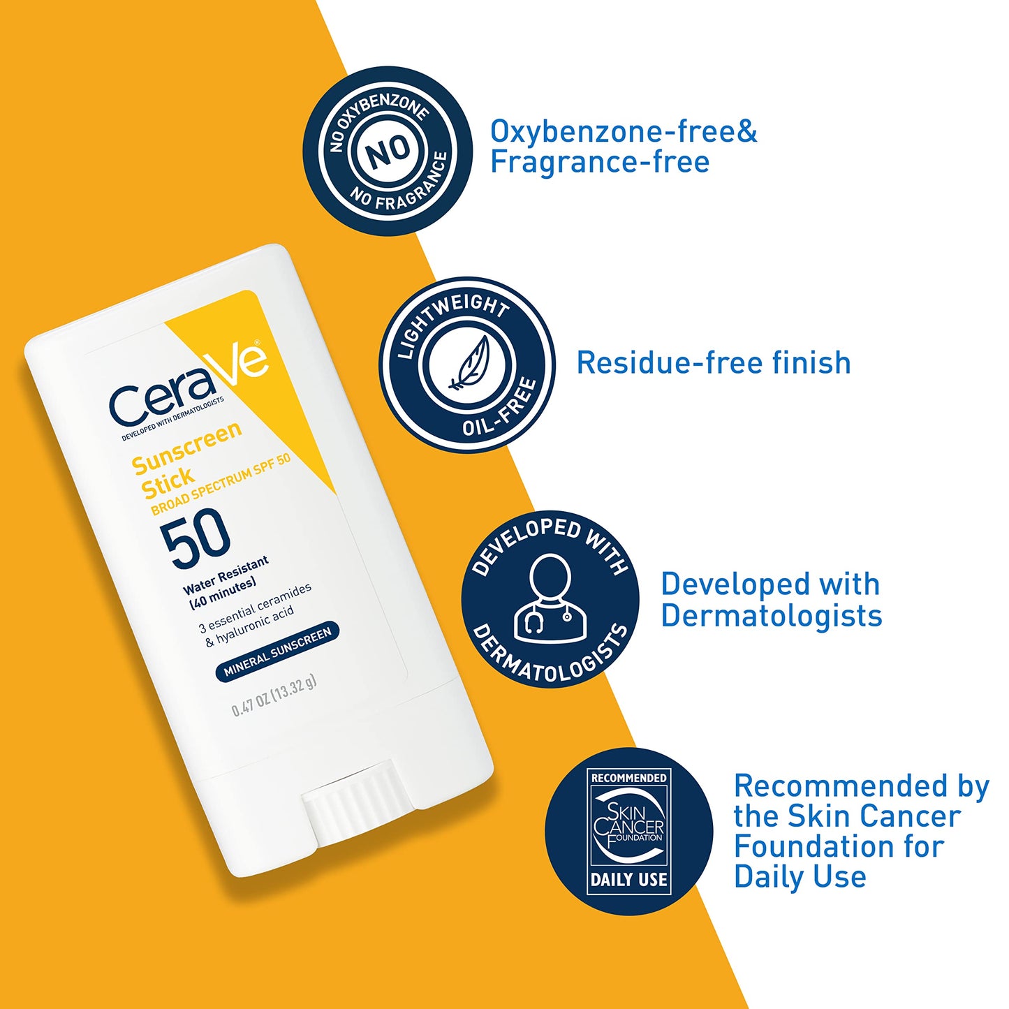 CeraVe Mineral Sunscreen Stick, SPF 50 Face Sunscreen, Travel Size, 0.47oz