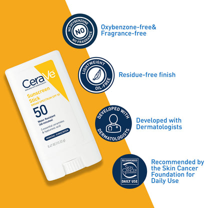 CeraVe Mineral Sunscreen Stick, SPF 50 Face Sunscreen, Travel Size, 0.47oz