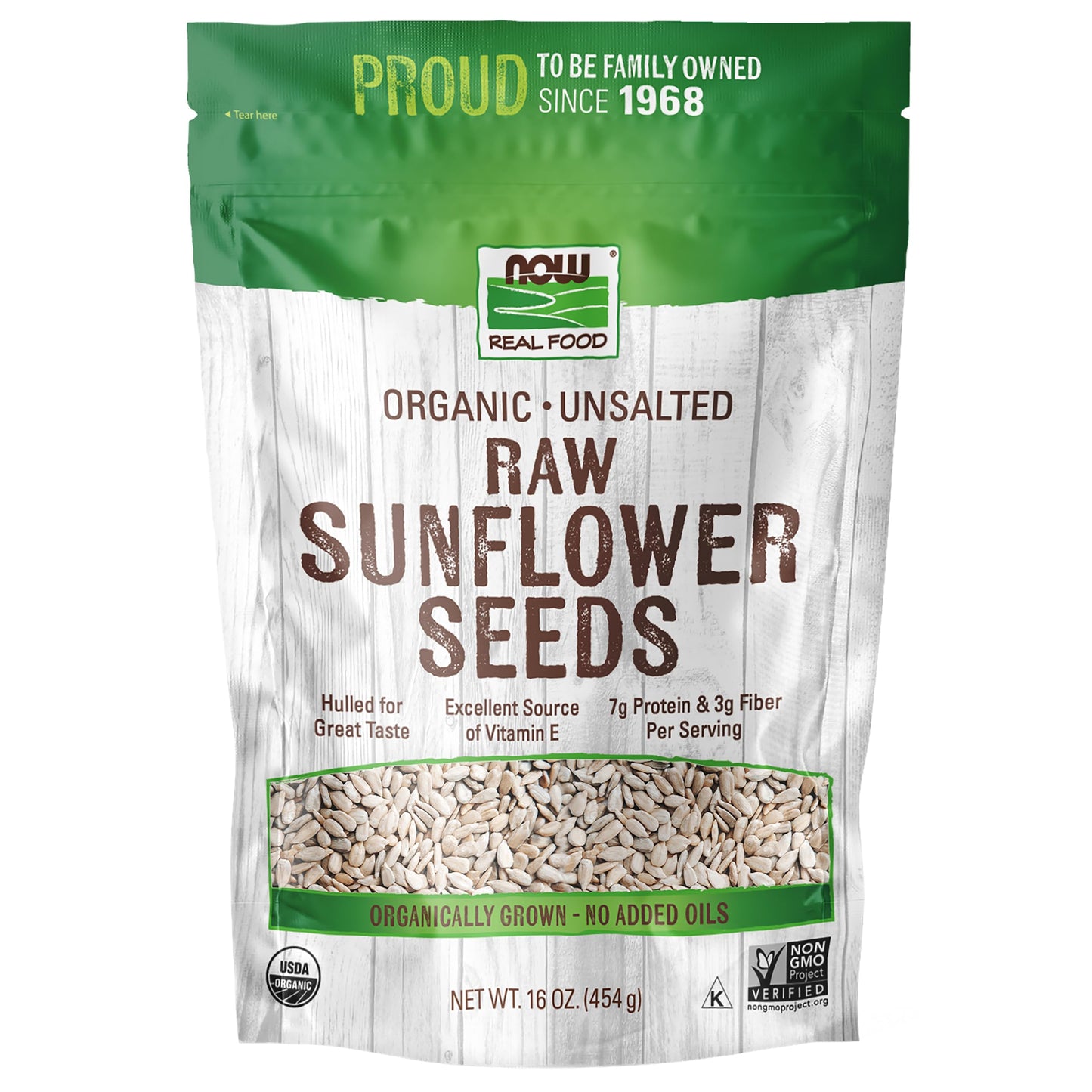 NOW Foods, Certified Organic Sunflower Seeds, Raw and Unsalted, Source of Fiber and Vitamin E, Hulled for Great Taste, Certified Non-GMO, 16-Ounce (Packaging May Vary)