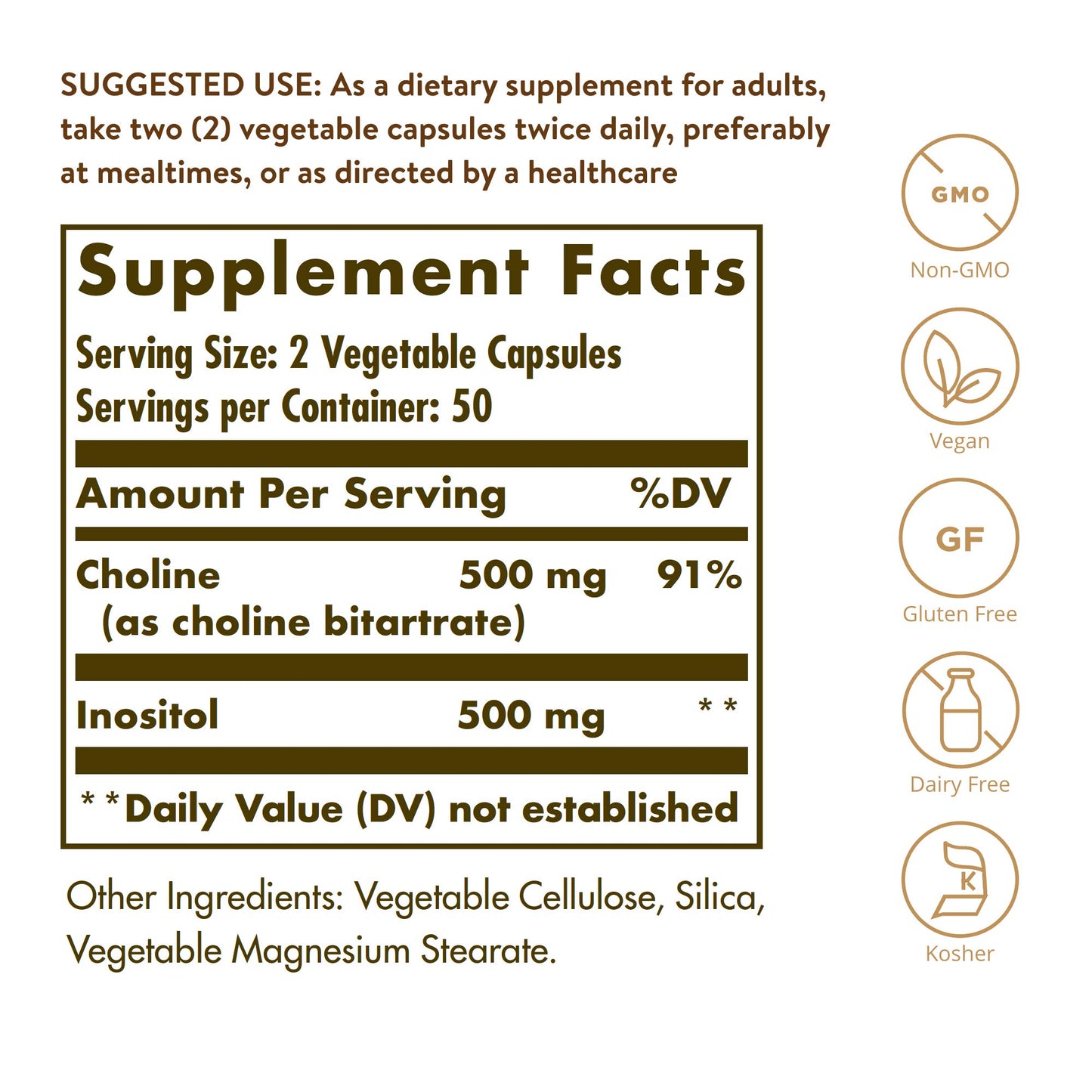 Solgar Choline/Inositol 500 mg/500 mg, 100 Vegetable Capsules- 50 Servings