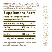 Solgar Choline/Inositol 500 mg/500 mg, 100 Vegetable Capsules- 50 Servings