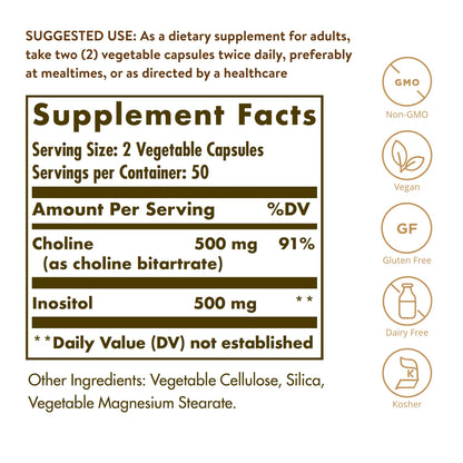 Solgar Choline/Inositol 500 mg/500 mg, 100 Vegetable Capsules- 50 Servings
