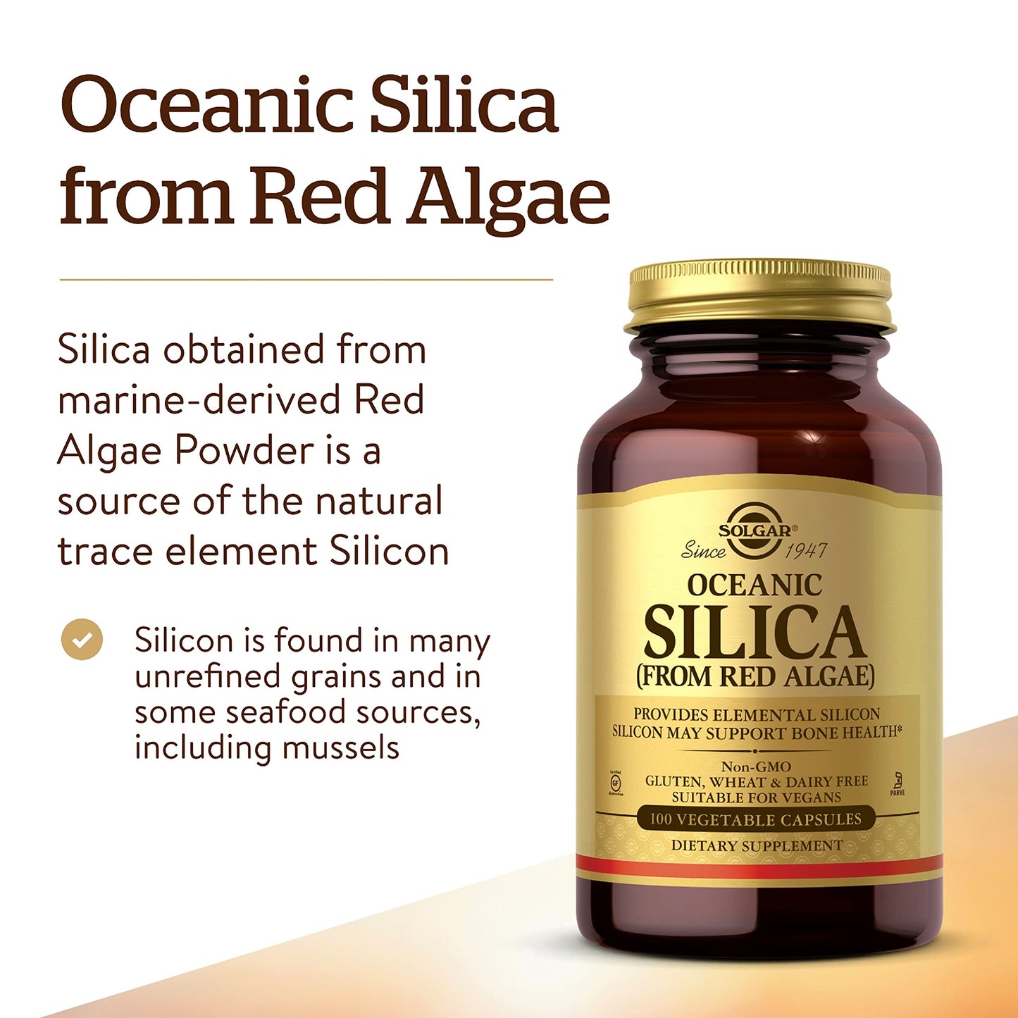 Solgar Oceanic Silica from Red Algae 25 mg,100 Vegetable Capsules - Excellent Source of Calcium,Supports Bone Health - Non-GMO,Vegan,Gluten Free,Dairy Free,Kosher - 50 Servings,(Pack of 2)