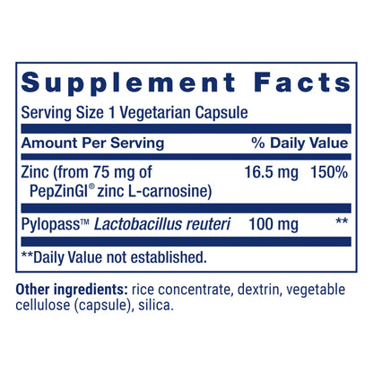 Life Extension Gastro-Ease™, zinc L-carnosine, Pylopass™ Lactobacillus reuteri probiotics, Digestion Supplement, Gut Health, Stomach Comfort, Gluten-Free, Non-GMO, Vegetarian, 60 Capsules