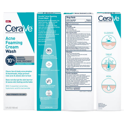 CeraVe Acne Foaming Cream Wash, 10% Benzoyl Peroxide Facial Cleanser, 5oz