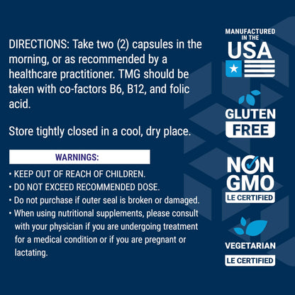 Life Extension TMG, trimethylglycine, Encourages Healthy homocysteine Levels, Non-GMO, Gluten-Free, Vegetarian, 60 Capsules