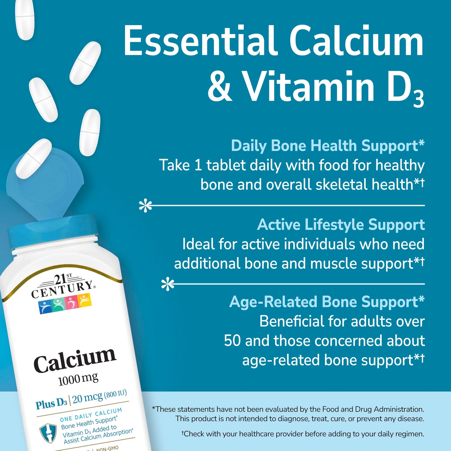 21st Century Calcium 1000mg Plus D3 Tablets, Bone Health, 90 Count