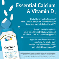 21st Century Calcium 1000mg Plus D3 Tablets, Bone Health, 90 Count