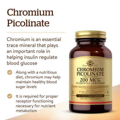 Solgar Chromium Picolinate 200 mcg, 180 Vegetable Capsules - Gluten Free