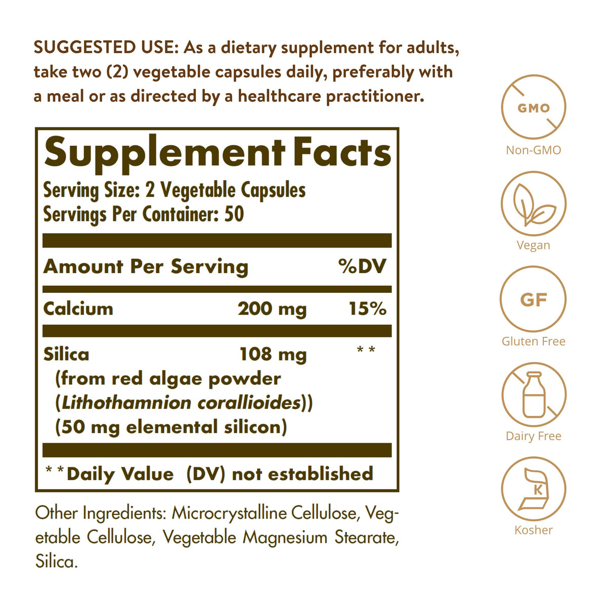 Solgar Oceanic Silica from Red Algae 25 mg,100 Vegetable Capsules - Excellent Source of Calcium,Supports Bone Health - Non-GMO,Vegan,Gluten Free,Dairy Free,Kosher - 50 Servings,(Pack of 2)