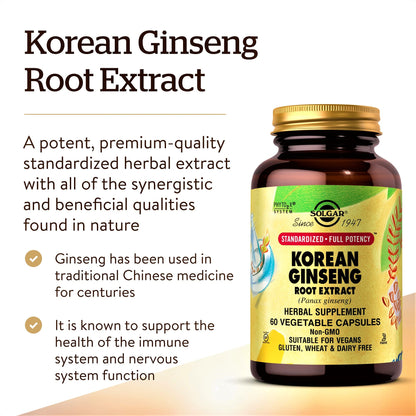 Solgar Korean Ginseng Root Extract, 60 Vegetable Capsules - Immune Support
