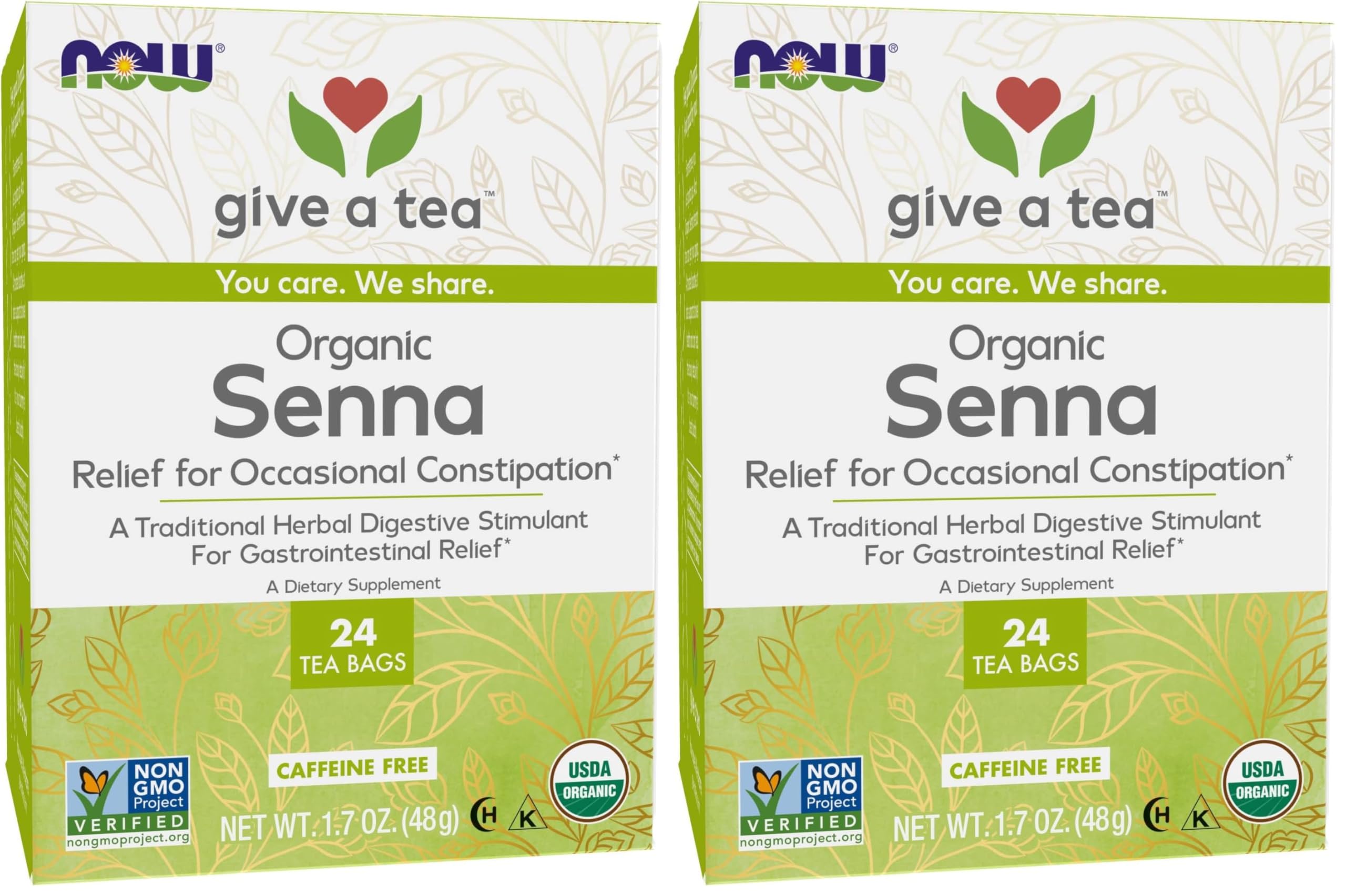 NOW Foods, Certified Organic Senna Tea, Caffeine Free, Relieving, Non-GMO, Premium Unbleached Tea Bags with No-Staples Design, 24-Count (Pack of 2)