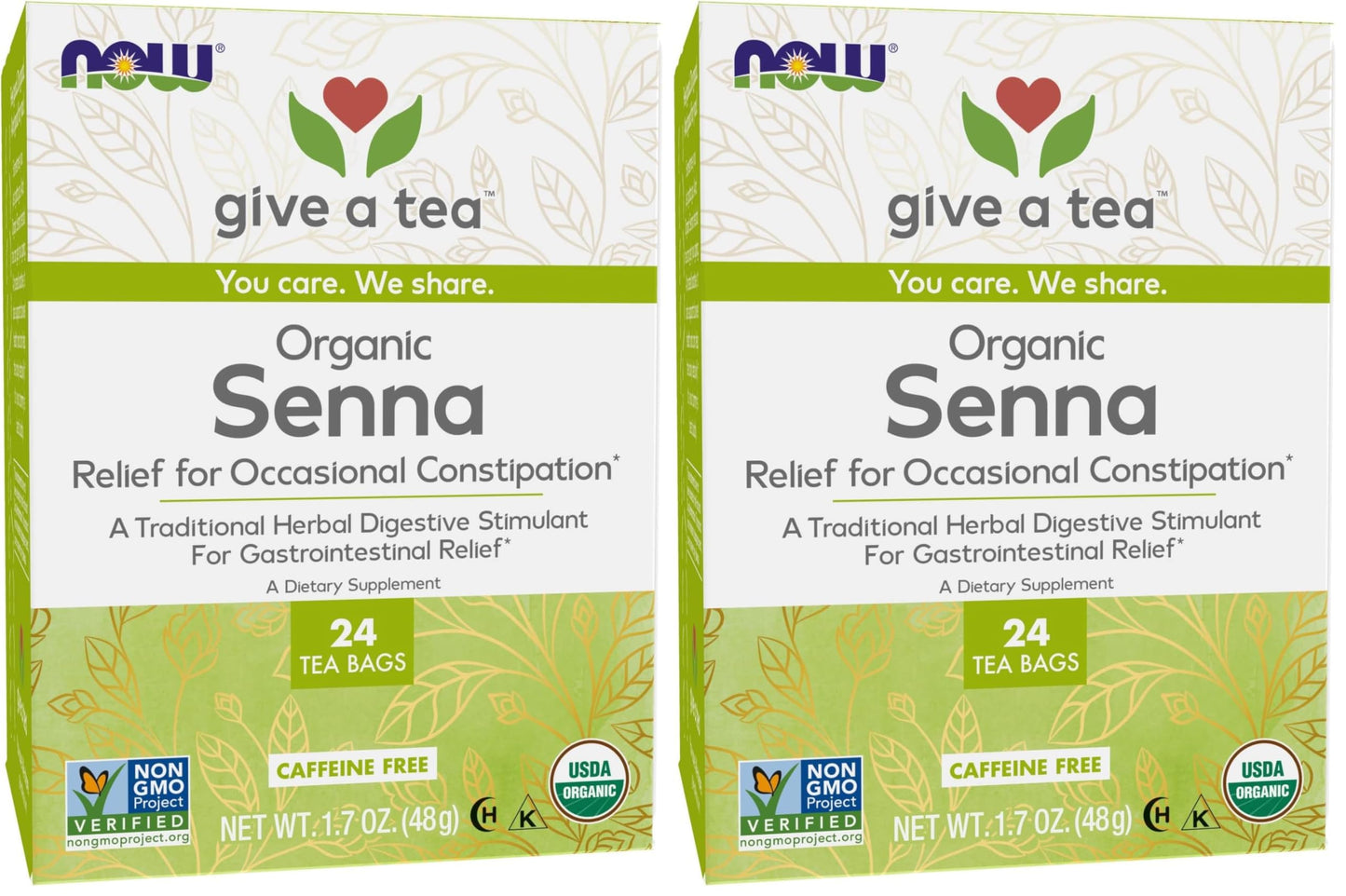 NOW Foods, Certified Organic Senna Tea, Caffeine Free, Relieving, Non-GMO, Premium Unbleached Tea Bags with No-Staples Design, 24-Count (Pack of 2)