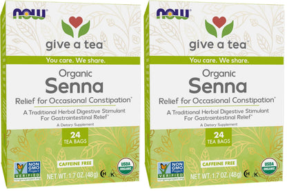 NOW Foods, Certified Organic Senna Tea, Caffeine Free, Relieving, Non-GMO, Premium Unbleached Tea Bags with No-Staples Design, 24-Count (Pack of 2)