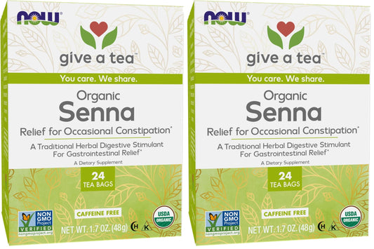NOW Foods, Certified Organic Senna Tea, Caffeine Free, Relieving, Non-GMO, Premium Unbleached Tea Bags with No-Staples Design, 24-Count (Pack of 2)