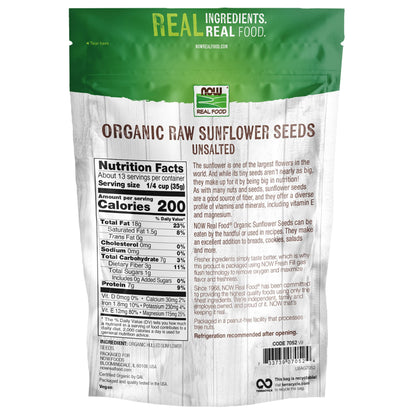 NOW Foods, Certified Organic Sunflower Seeds, Raw and Unsalted, Source of Fiber and Vitamin E, Hulled for Great Taste, Certified Non-GMO, 16-Ounce (Packaging May Vary)
