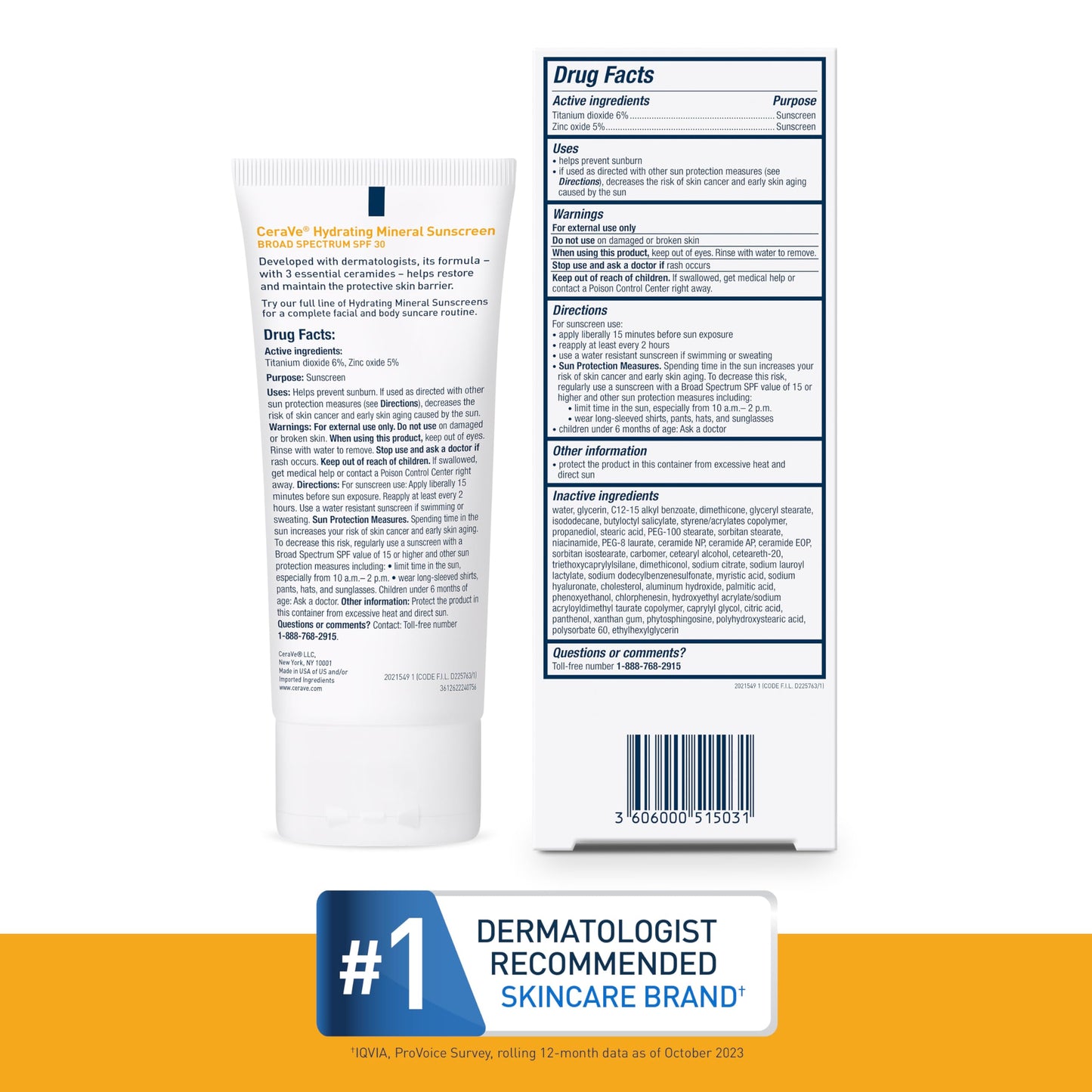 CeraVe Hydrating Mineral Sunscreen SPF 30 with Hyaluronic Acid, 2.5oz