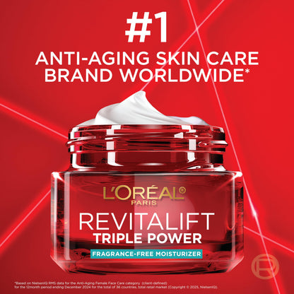 L'Oreal Paris Revitalift Triple Power Anti-Aging Face Moisturizer, Pro Retinol, Hyaluronic Acid & Vitamin C, Reduce Wrinkles, Fragrance Free 1.7 Oz