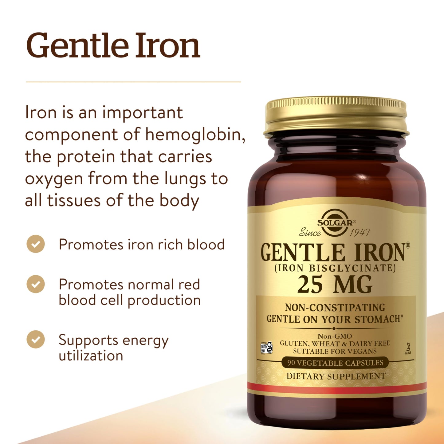 Solgar Gentle Iron 25mg, 90 Vegetable Capsules - Gentle on Stomach