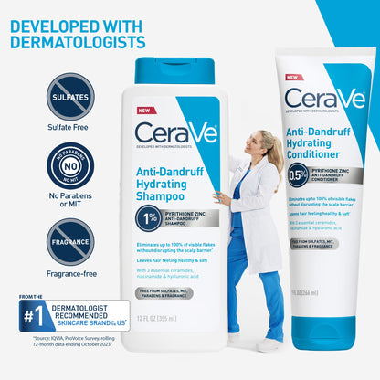 CeraVe Hydrating Anti Dandruff Shampoo, 1% Pyrithione Zinc Dandruff Treatment With Ceramides, Niacinamide, Hyaluronic Acid, Eliminate Flake,Provides Itchy Scalp Relief, Sulfate-Free, 12 Oz (Pack of 2)