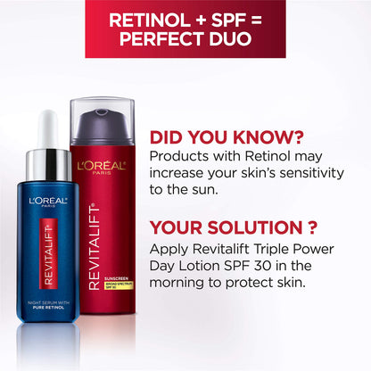 L'Oreal Paris Revitalift Triple Power Anti-Aging Broad Spectrum SPF 30 Sunscreen, Pro Retinol, Hyaluronic Acid & Vitamin C Lotion, Reduces Wrinkles 1.7 Oz