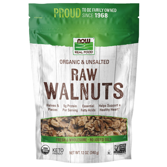 NOW Foods, Certified Organic Walnuts, Raw and Unsalted, Halves and Pieces, Good Source of Protein and Healthy Fatty Acids, Certified Non-GMO, 12-Ounce (Packaging May Vary)