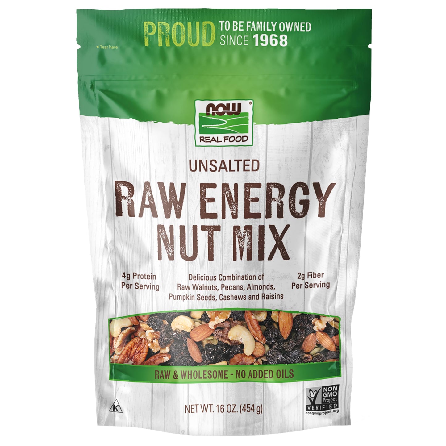 NOW Foods, Raw Energy Nut Mix, Unsalted Mix of Raisins, Walnuts, Peacans, Almonds, Pumpkin Seeds and Cashews, Great-Tasting, Source of Iron, 16-Ounce (Packaging May Vary)