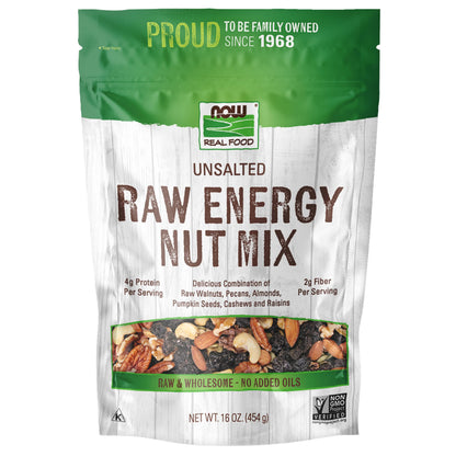 NOW Foods, Raw Energy Nut Mix, Unsalted Mix of Raisins, Walnuts, Peacans, Almonds, Pumpkin Seeds and Cashews, Great-Tasting, Source of Iron, 16-Ounce (Packaging May Vary)