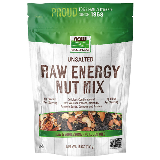 NOW Foods, Raw Energy Nut Mix, Unsalted Mix of Raisins, Walnuts, Peacans, Almonds, Pumpkin Seeds and Cashews, Great-Tasting, Source of Iron, 16-Ounce (Packaging May Vary)