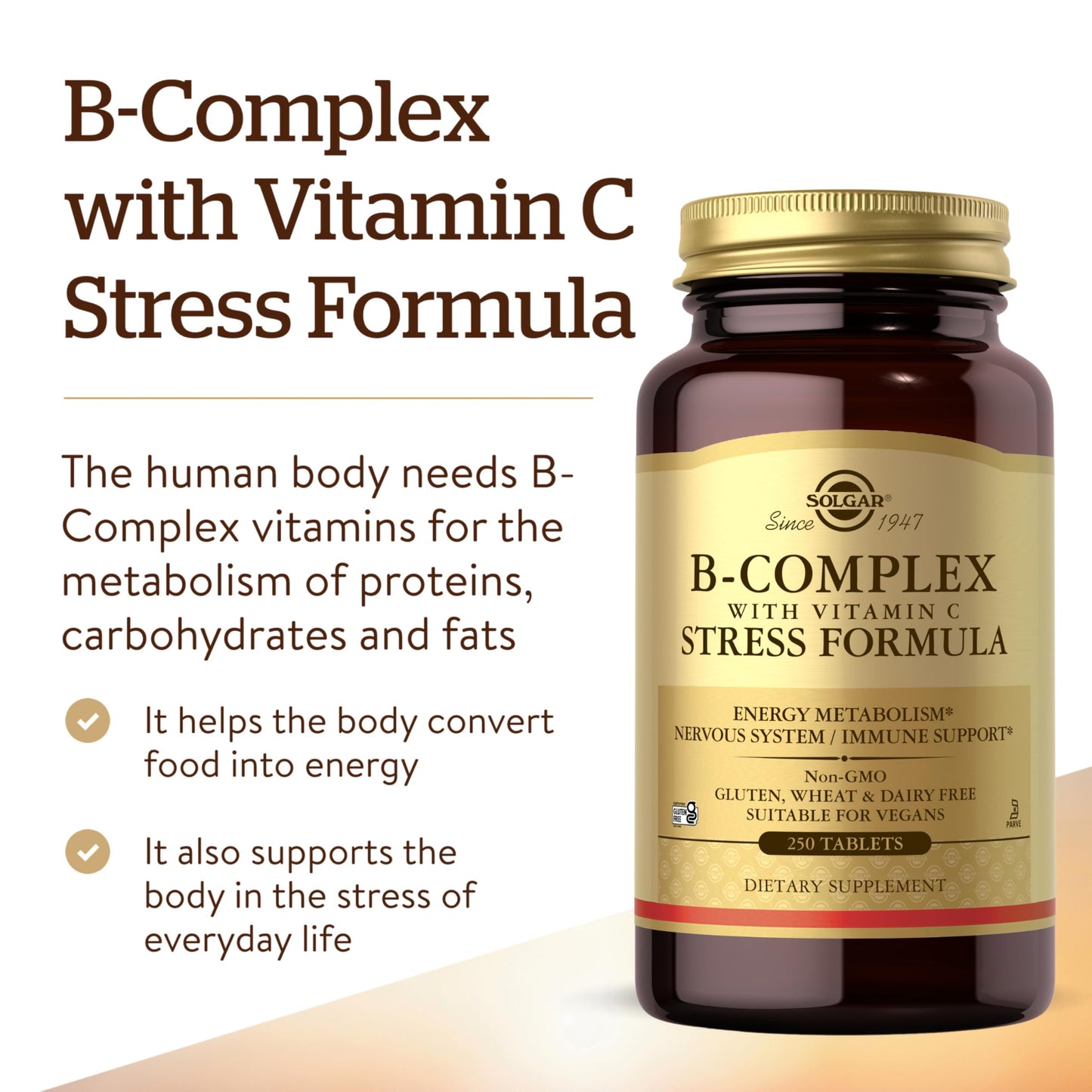 Solgar B-Complex with Vitamin C Stress Formula, 250 Tablets, 125 Servings