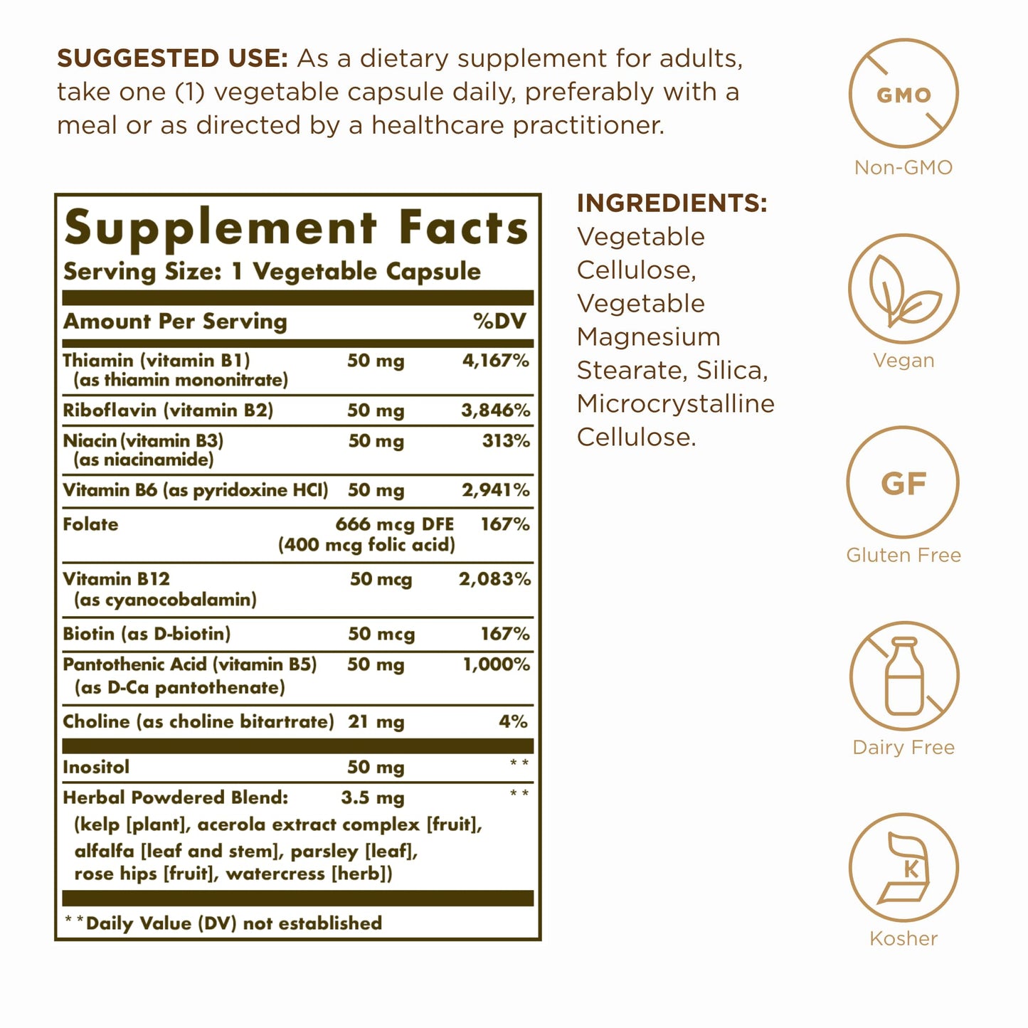 Solgar B-Complex "50" - 100 Vegetable Capsules - Energy Metabolism, Cardiovascular & Nervous System Support - Non-GMO, Vegan, Gluten Free - 100 Servings