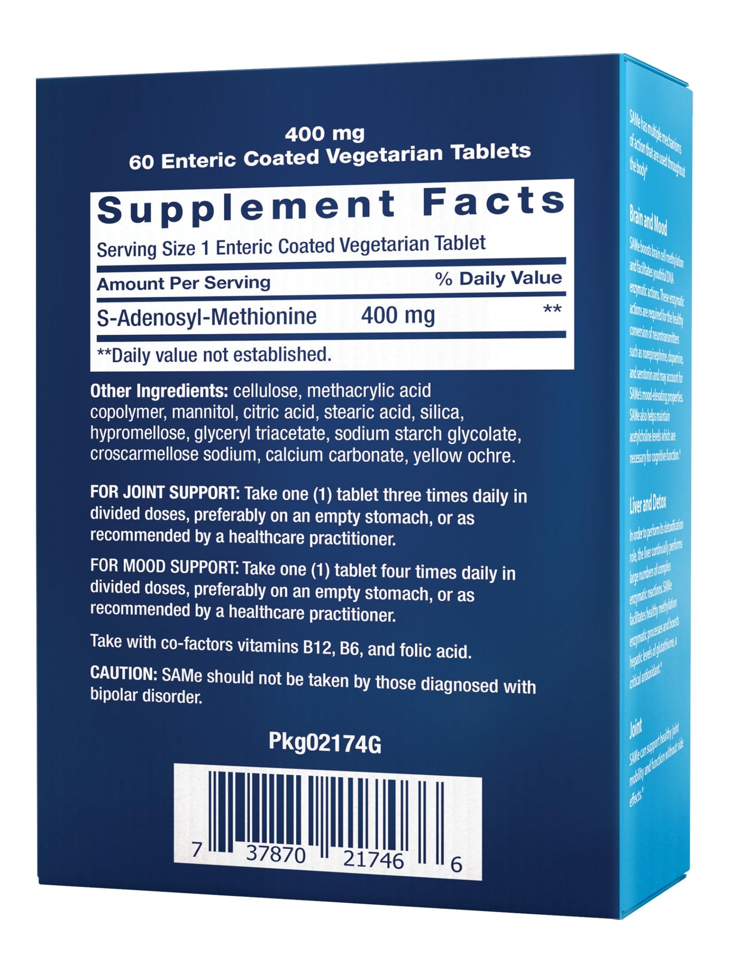 Life Extension Same, S-Adenosyl-Methionine, 400 mg, Mood and Liver Health and Joint Support Supplement, Non-GMO, Vegetarian, Gluten Free, 60 enteric-Coated Tablets