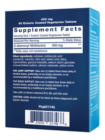 Life Extension Same, S-Adenosyl-Methionine, 400 mg, Mood and Liver Health and Joint Support Supplement, Non-GMO, Vegetarian, Gluten Free, 60 enteric-Coated Tablets