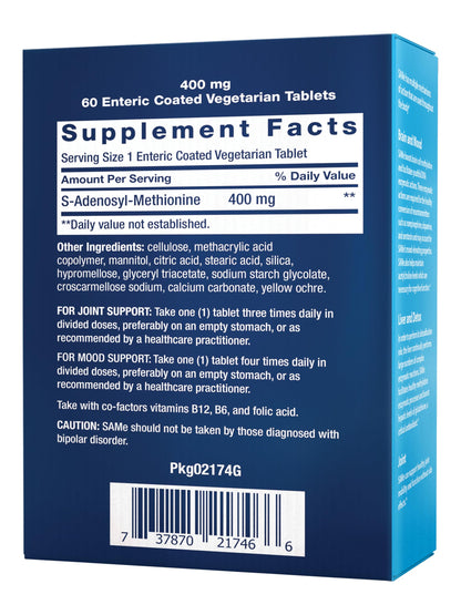 Life Extension Same, S-Adenosyl-Methionine, 400 mg, Mood and Liver Health and Joint Support Supplement, Non-GMO, Vegetarian, Gluten Free, 60 enteric-Coated Tablets